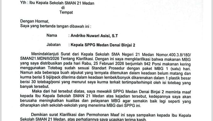Buntut Protes Wali Murid SMAN 21 Medan, Kepala SPPG Medan-Binjai 2 Akui Kesalahan dan Minta Maaf